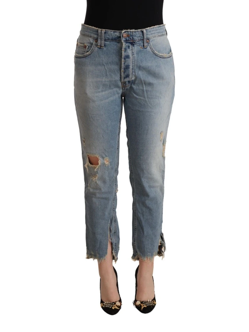 Light Blue Distressed Mid Waist Cropped Denim Jeans
