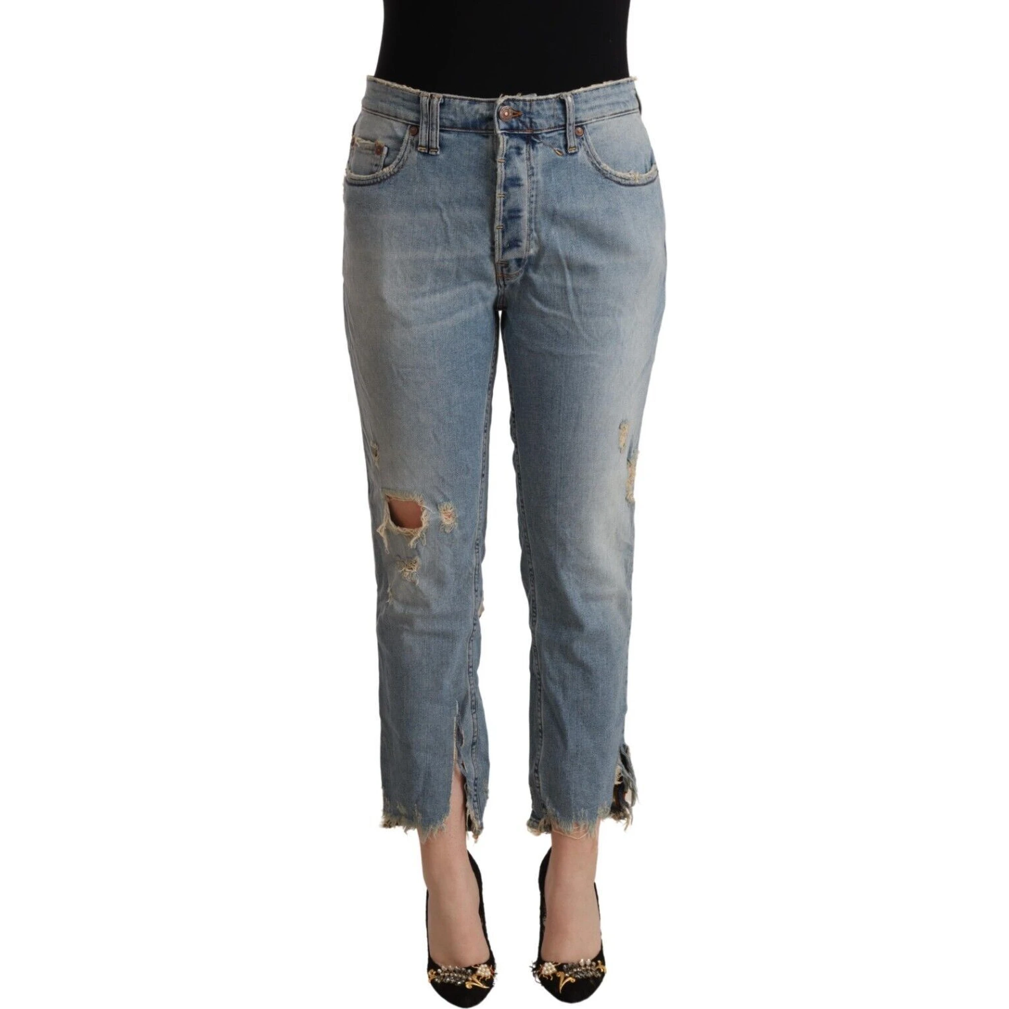 Light Blue Distressed Mid Waist Cropped Denim Jeans