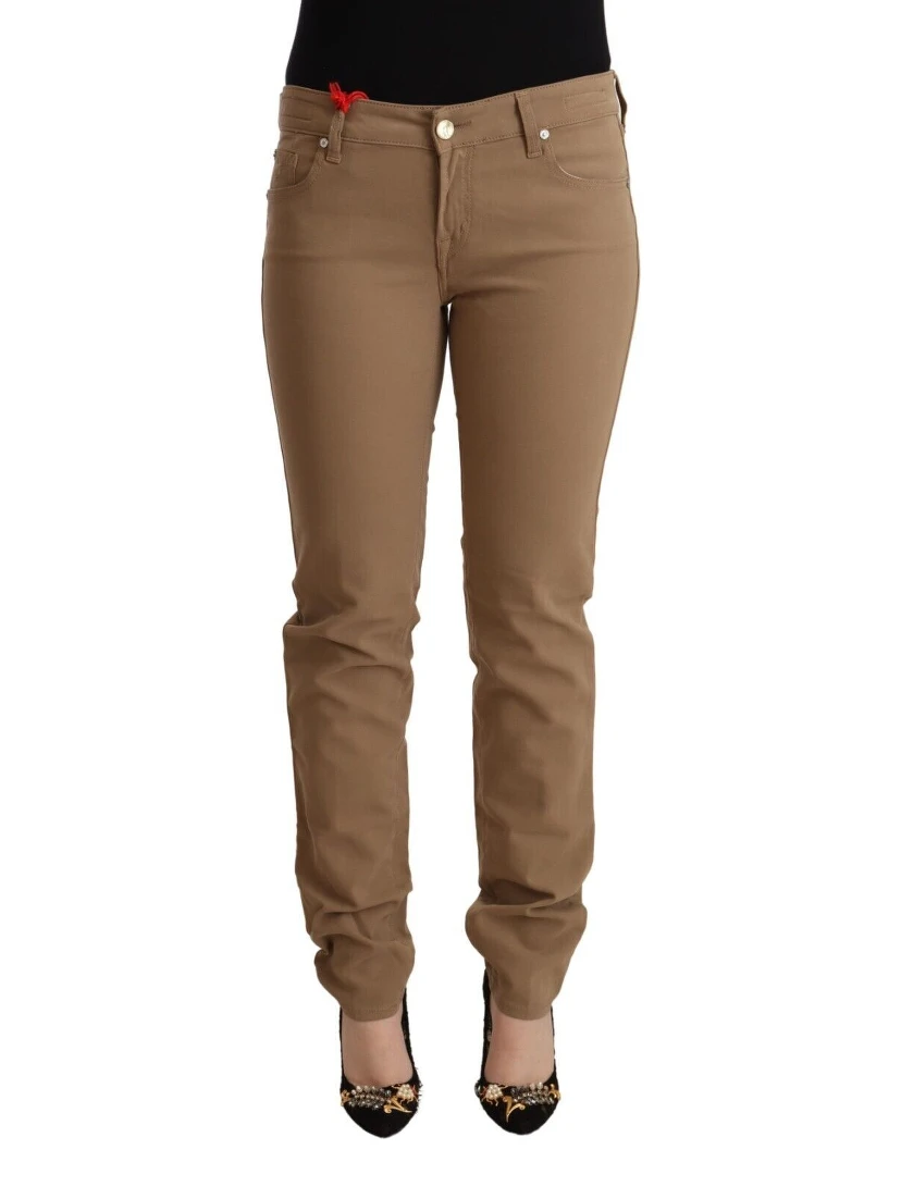 Brown Cotton Stretch Mid Waist Skinny Pants