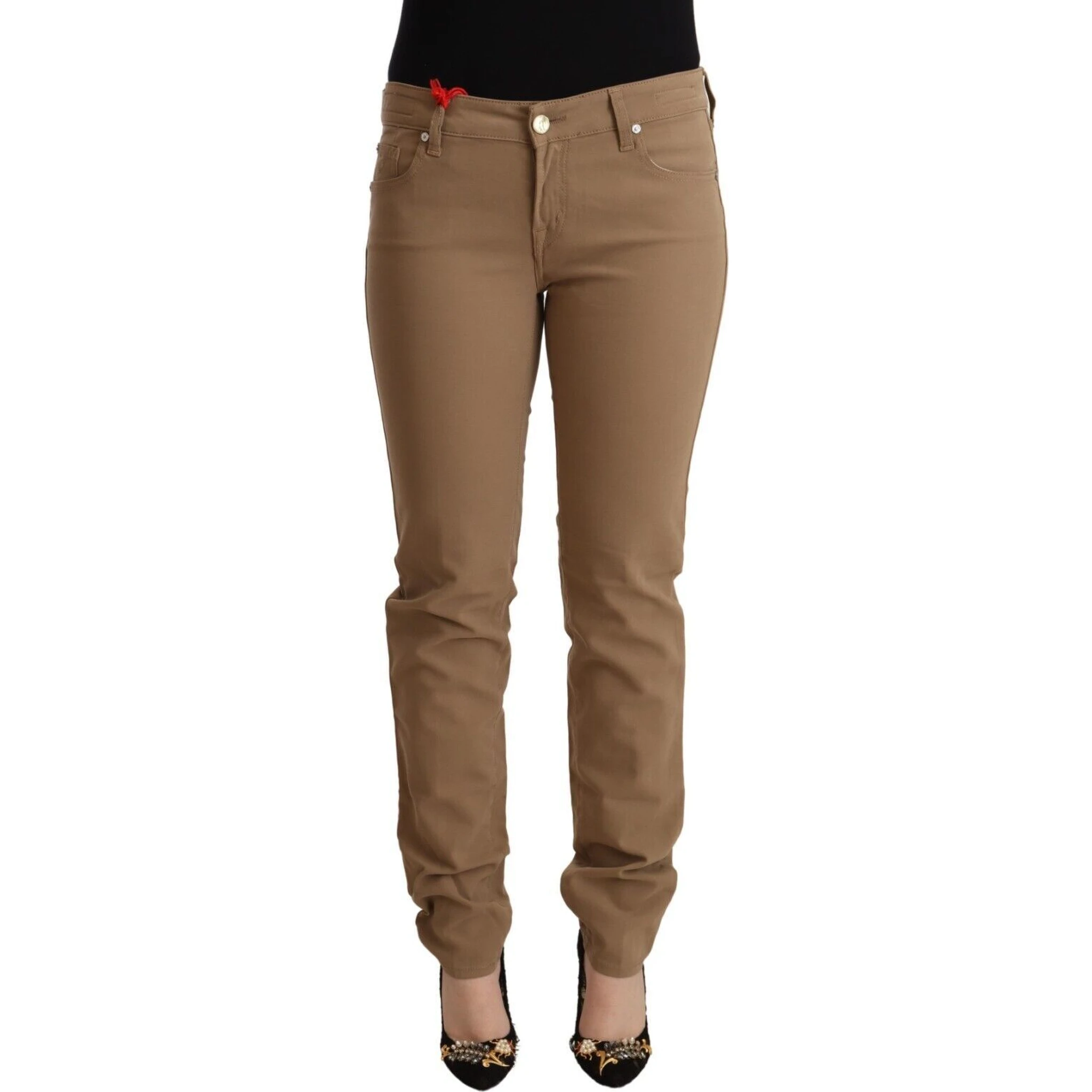 Brown Cotton Stretch Mid Waist Skinny Pants