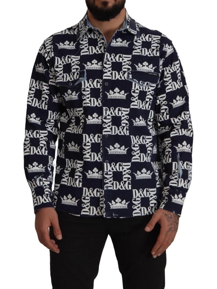 Blue Denim Stretch DG Crown Logo Casual Shirt