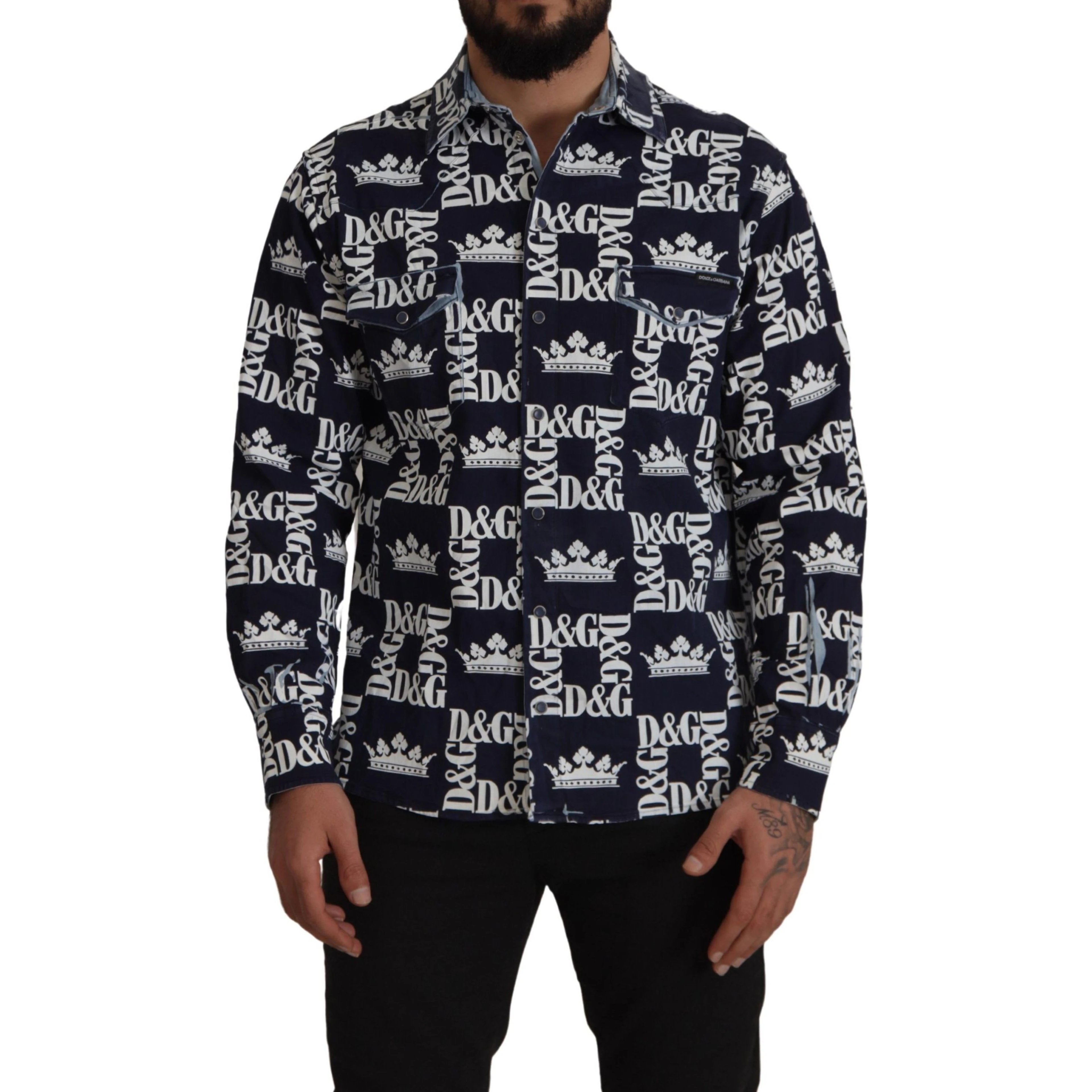 Blue Denim Stretch DG Crown Logo Casual Shirt