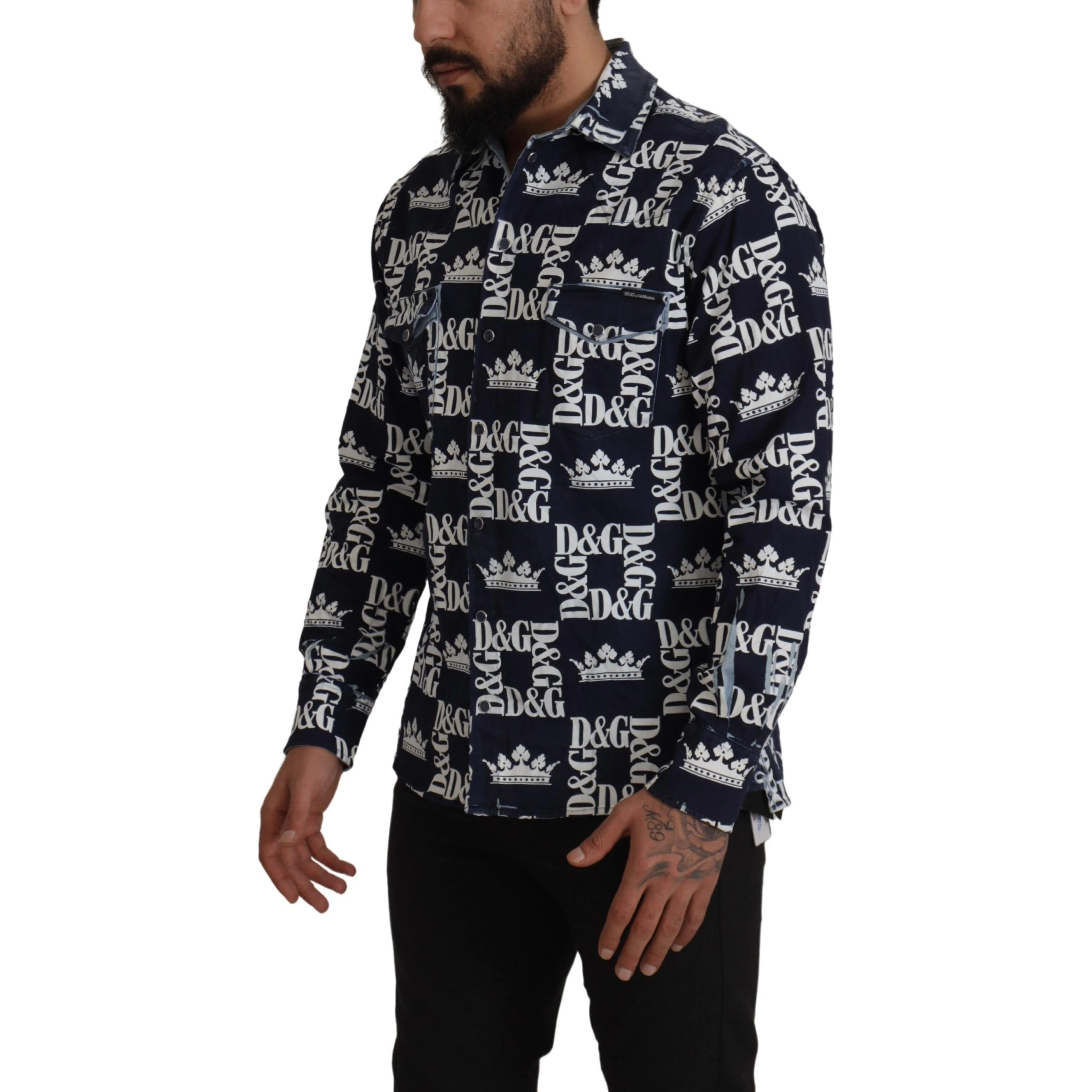 Blue Denim Stretch DG Crown Logo Casual Shirt