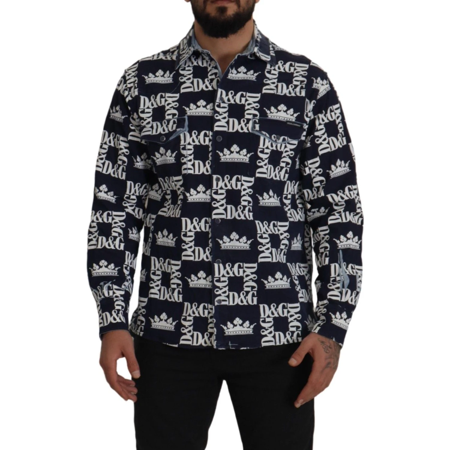 Blue Denim Stretch DG Crown Logo Casual Shirt