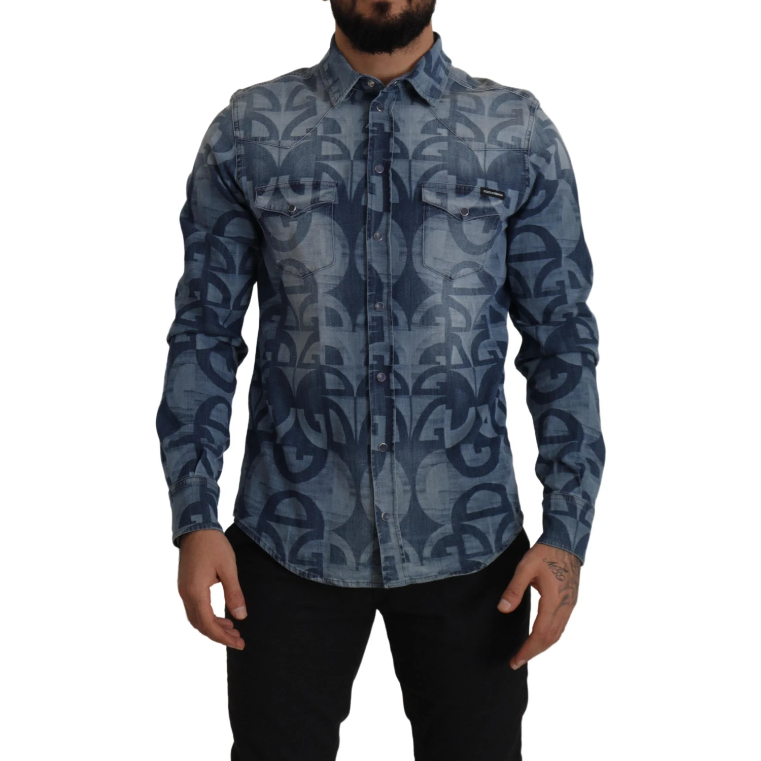 Blue Denim Stretch DG Logo Casual Mens Slim Shirt
