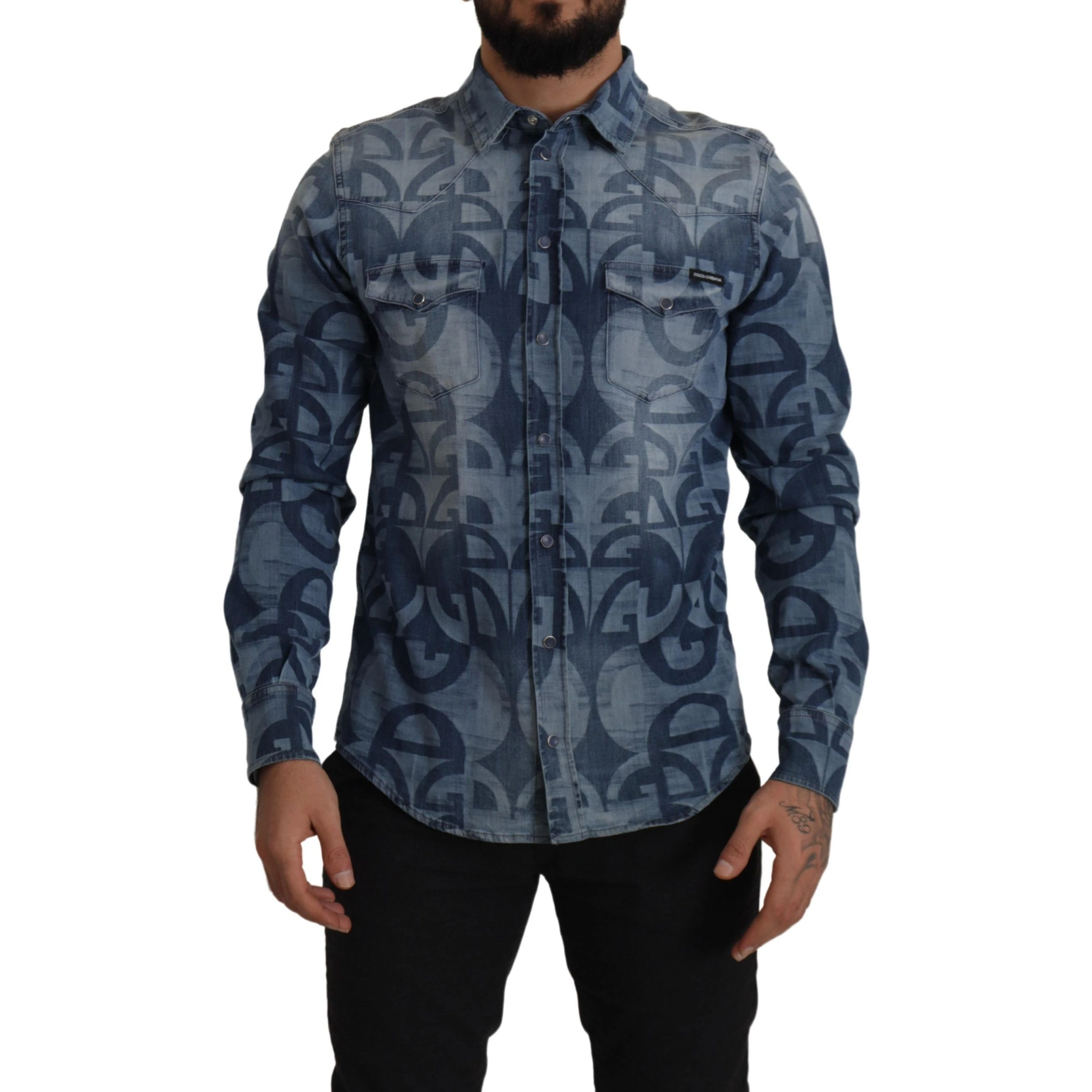 Blue Denim Stretch DG Logo Casual Mens Slim Shirt