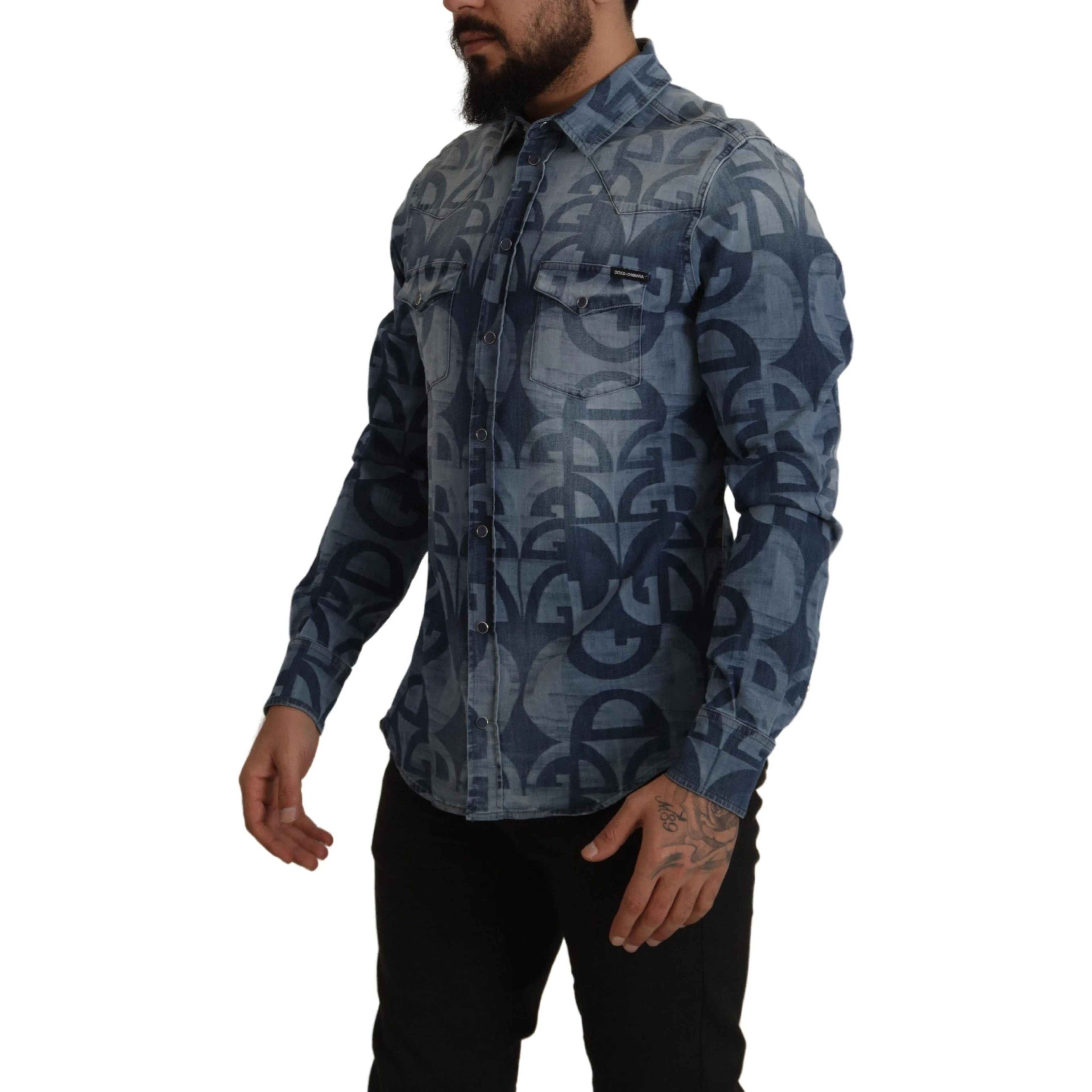 Blue Denim Stretch DG Logo Casual Mens Slim Shirt
