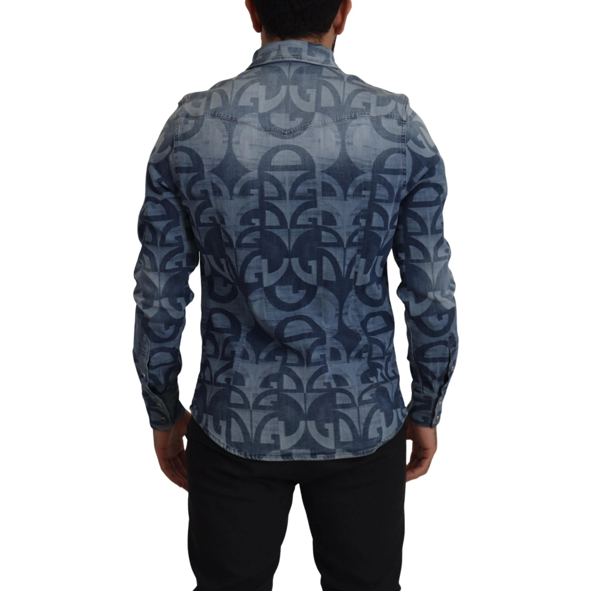 Blue Denim Stretch DG Logo Casual Mens Slim Shirt