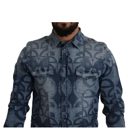 Blue Denim Stretch DG Logo Casual Mens Slim Shirt