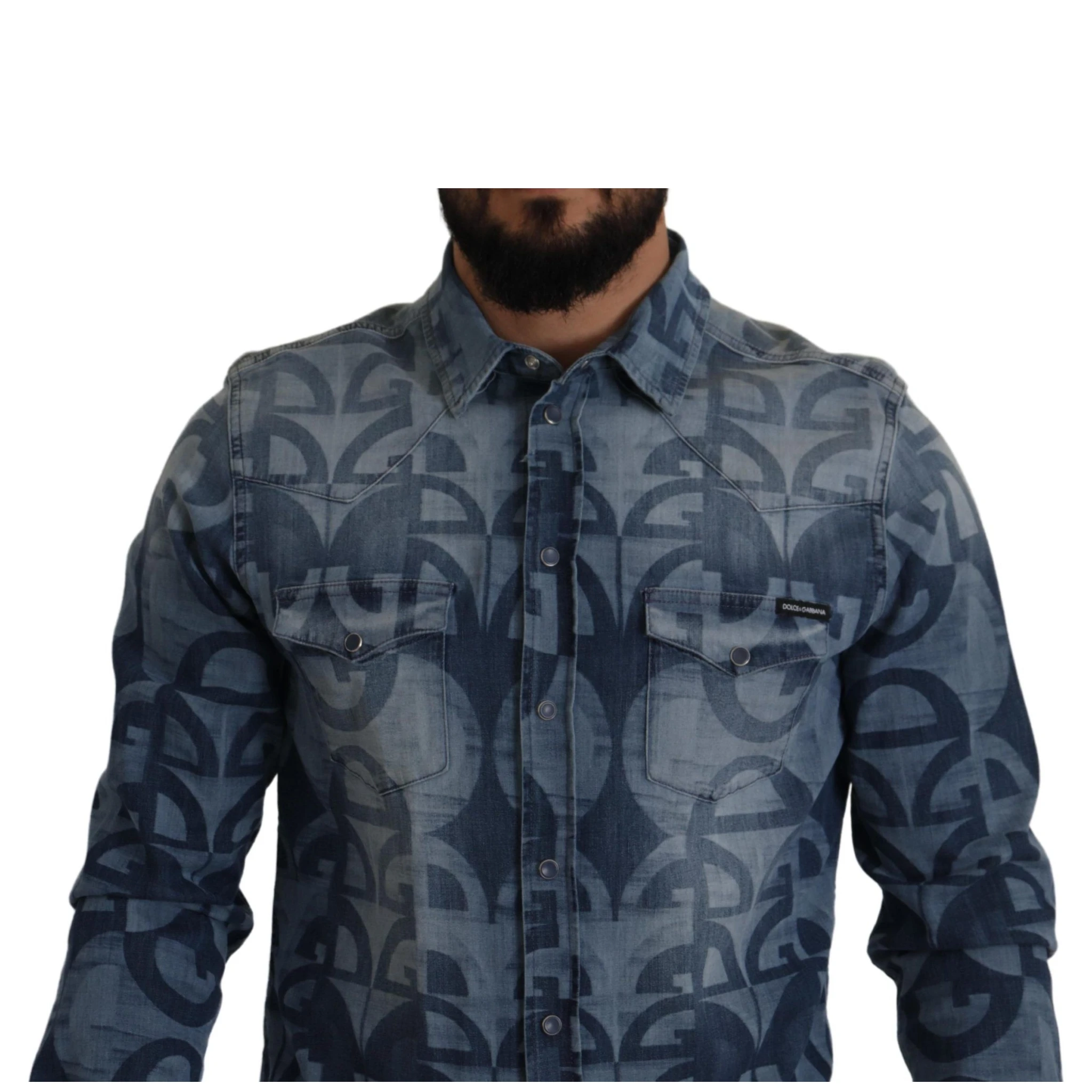 Blue Denim Stretch DG Logo Casual Mens Slim Shirt