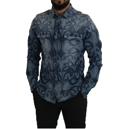 Blue Denim Stretch DG Logo Casual Mens Slim Shirt