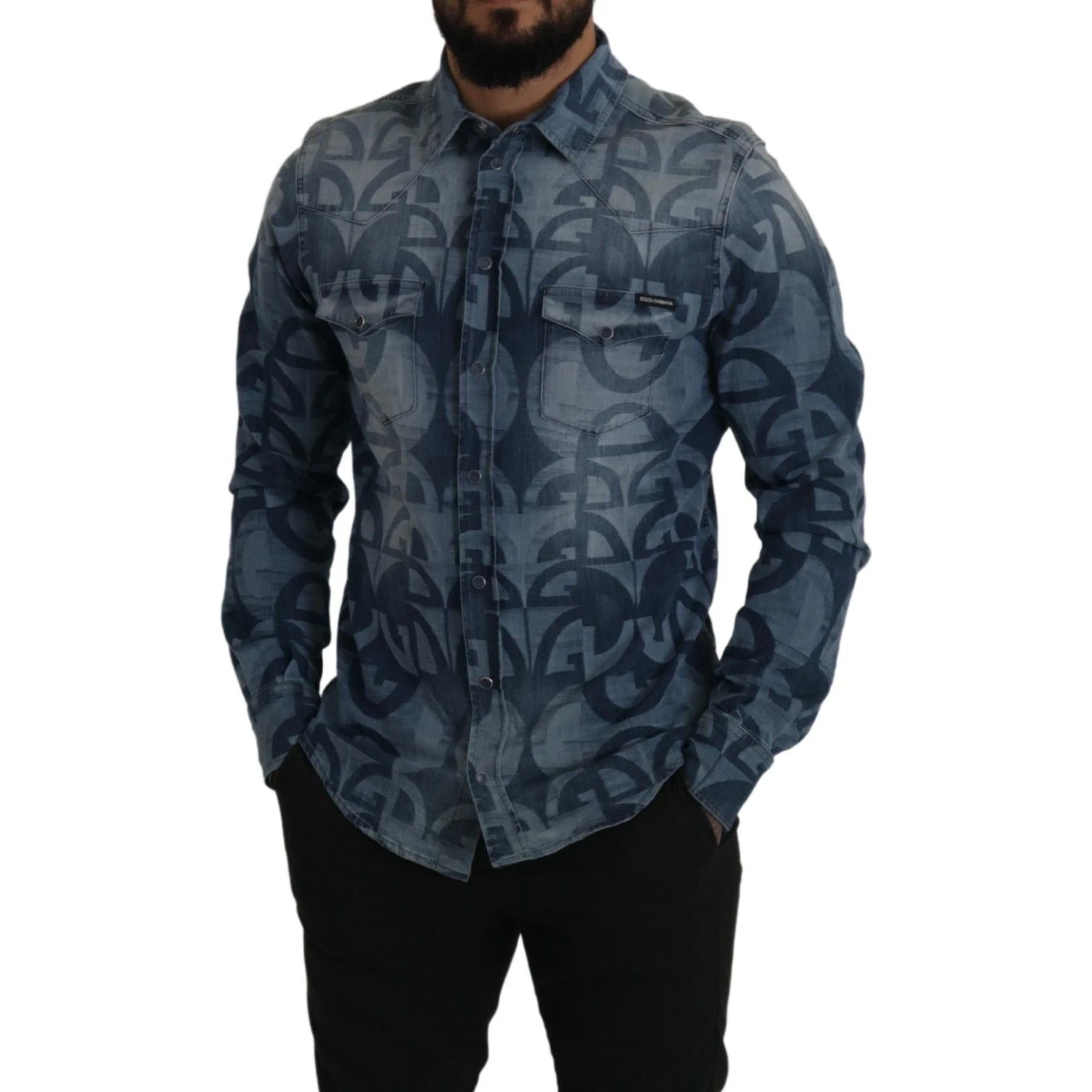 Blue Denim Stretch DG Logo Casual Mens Slim Shirt