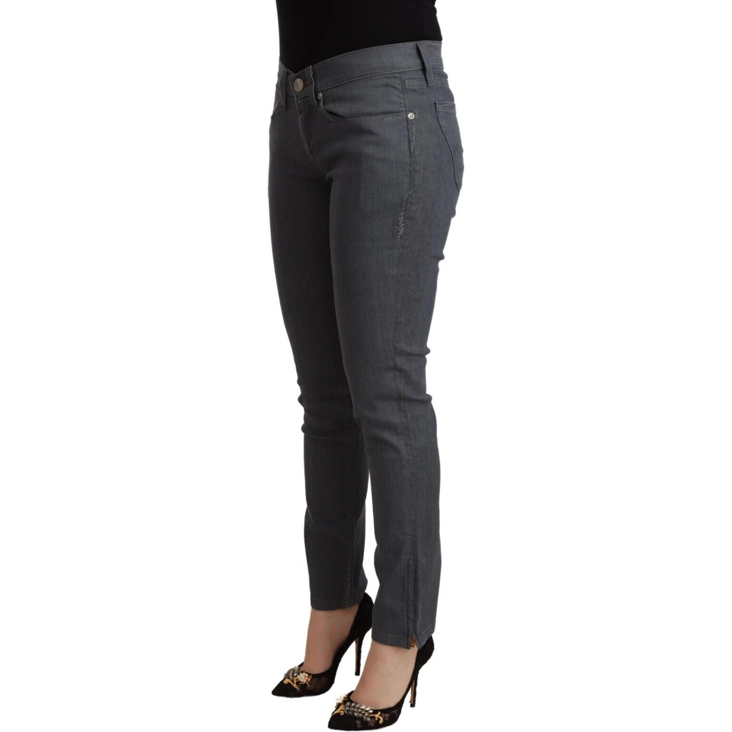 Gray Cotton Low Waist Skinny Denim Jeans