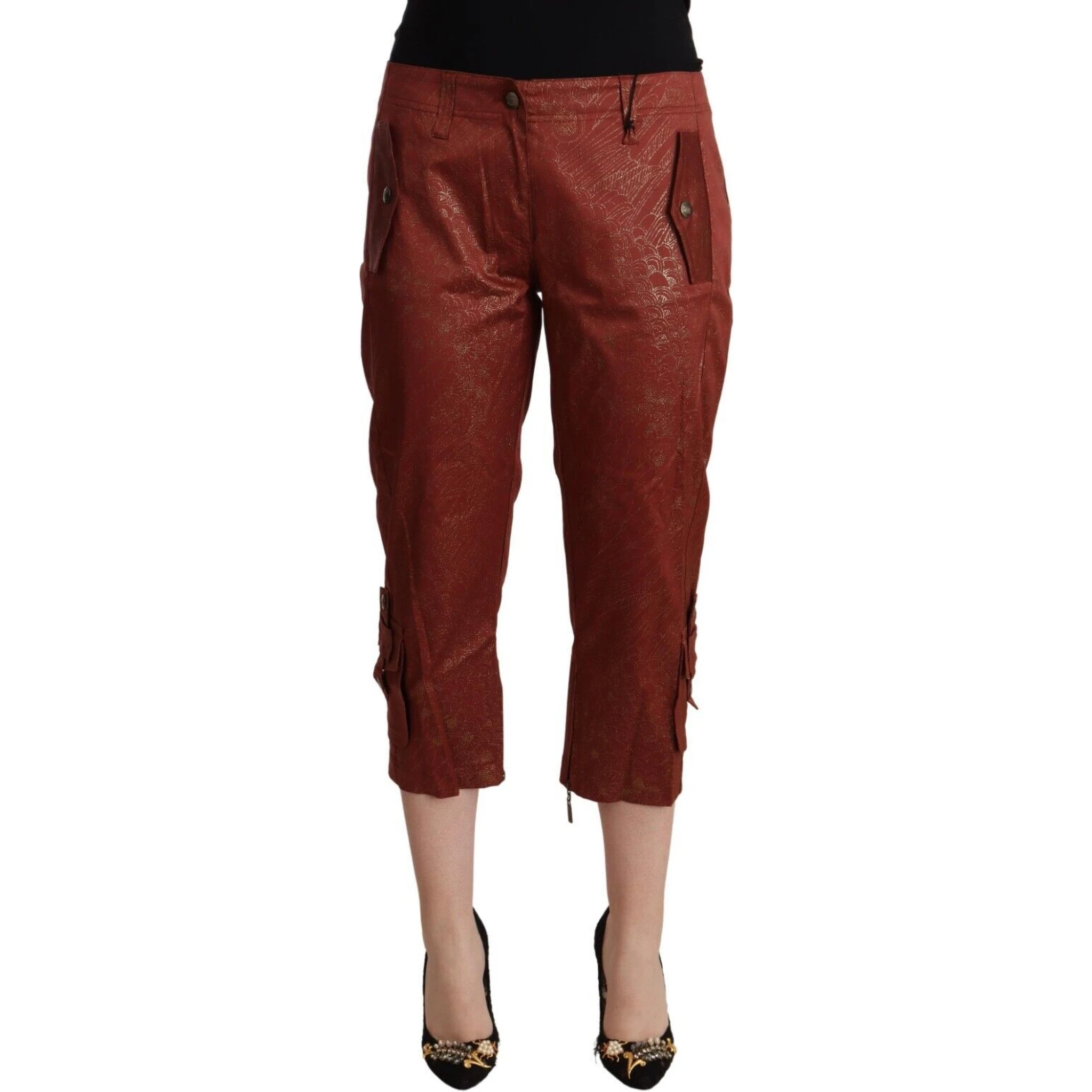 Brown Lurex Mid Waist Cotton Cropped Capri Pants