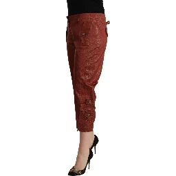 Brown Lurex Mid Waist Cotton Cropped Capri Pants