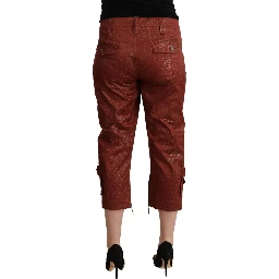 Brown Lurex Mid Waist Cotton Cropped Capri Pants