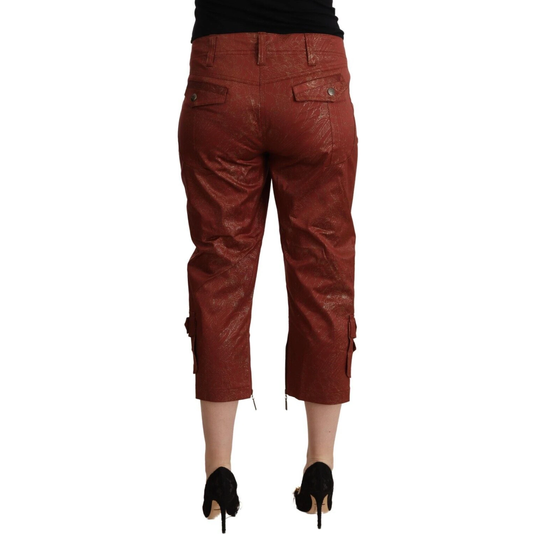 Brown Lurex Mid Waist Cotton Cropped Capri Pants