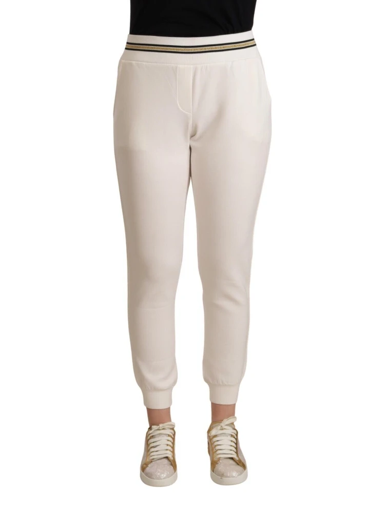 White Polyester Mid Waist Jogger Pants