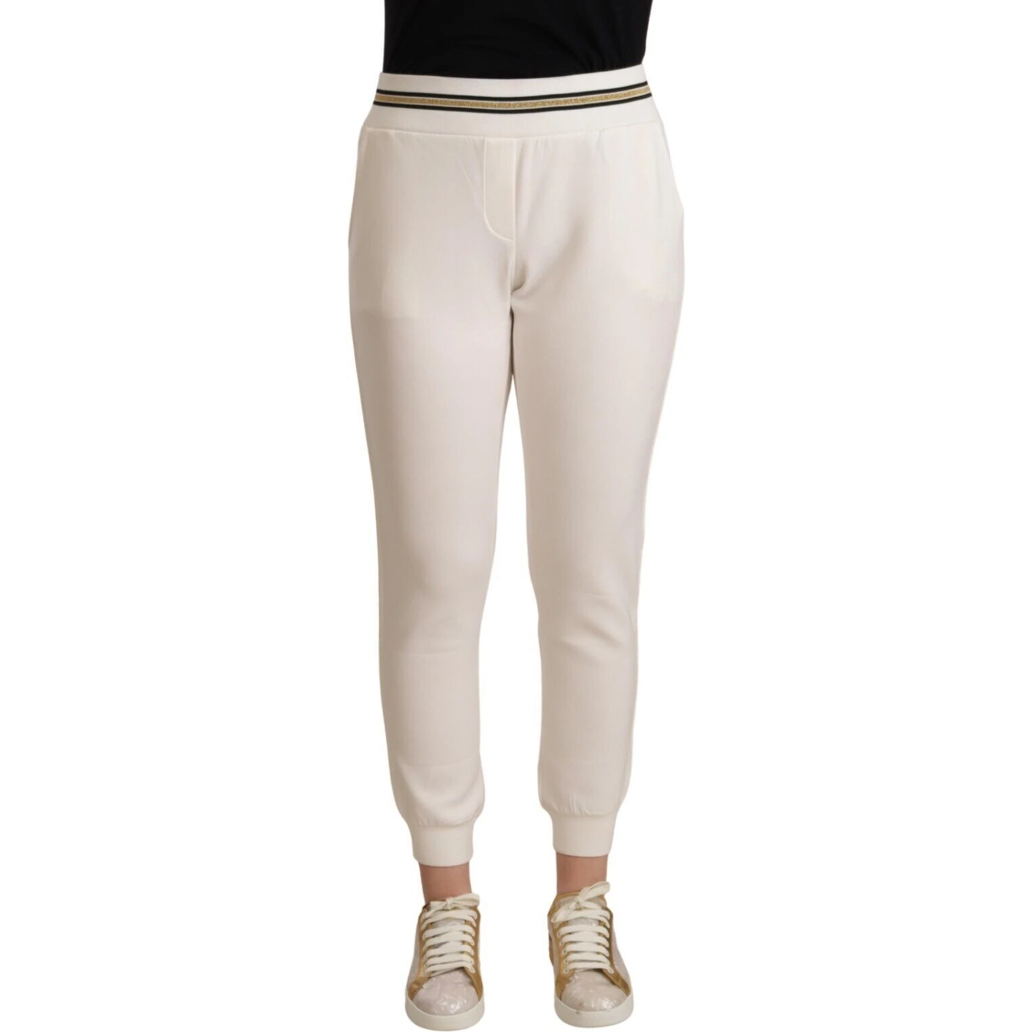 White Polyester Mid Waist Jogger Pants