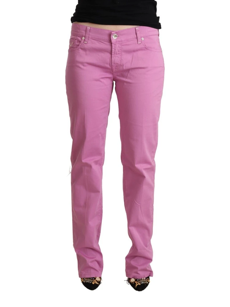 Pink Cotton Low Waist Denim Tapered Jeans