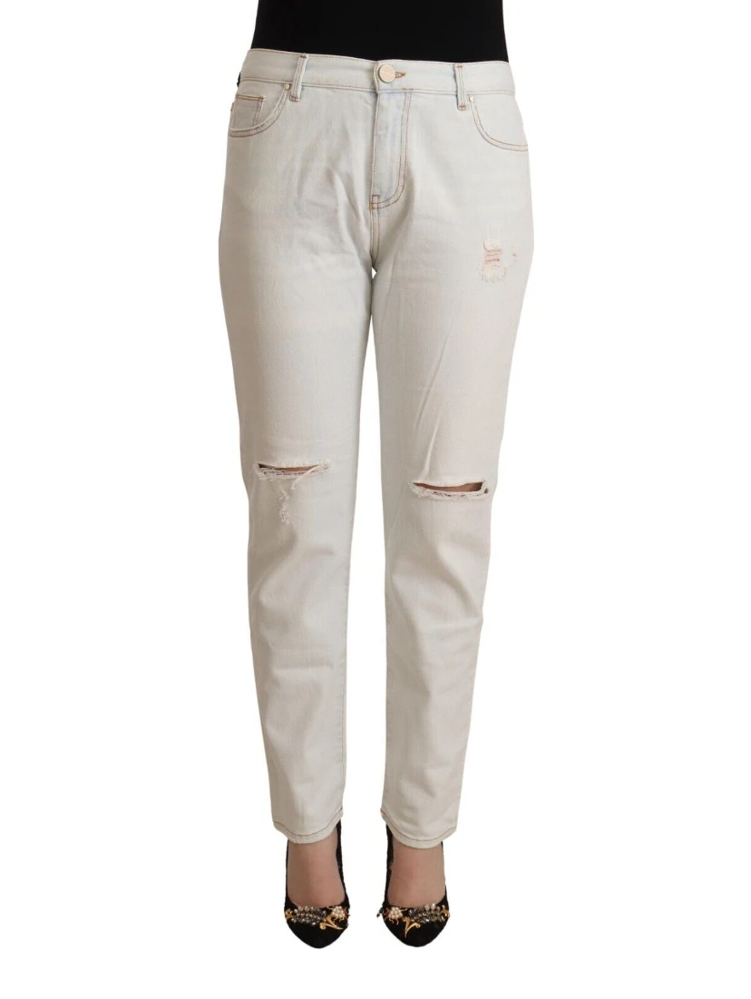 White Cotton Distressed Mid Waist Skinny Denim Jeans