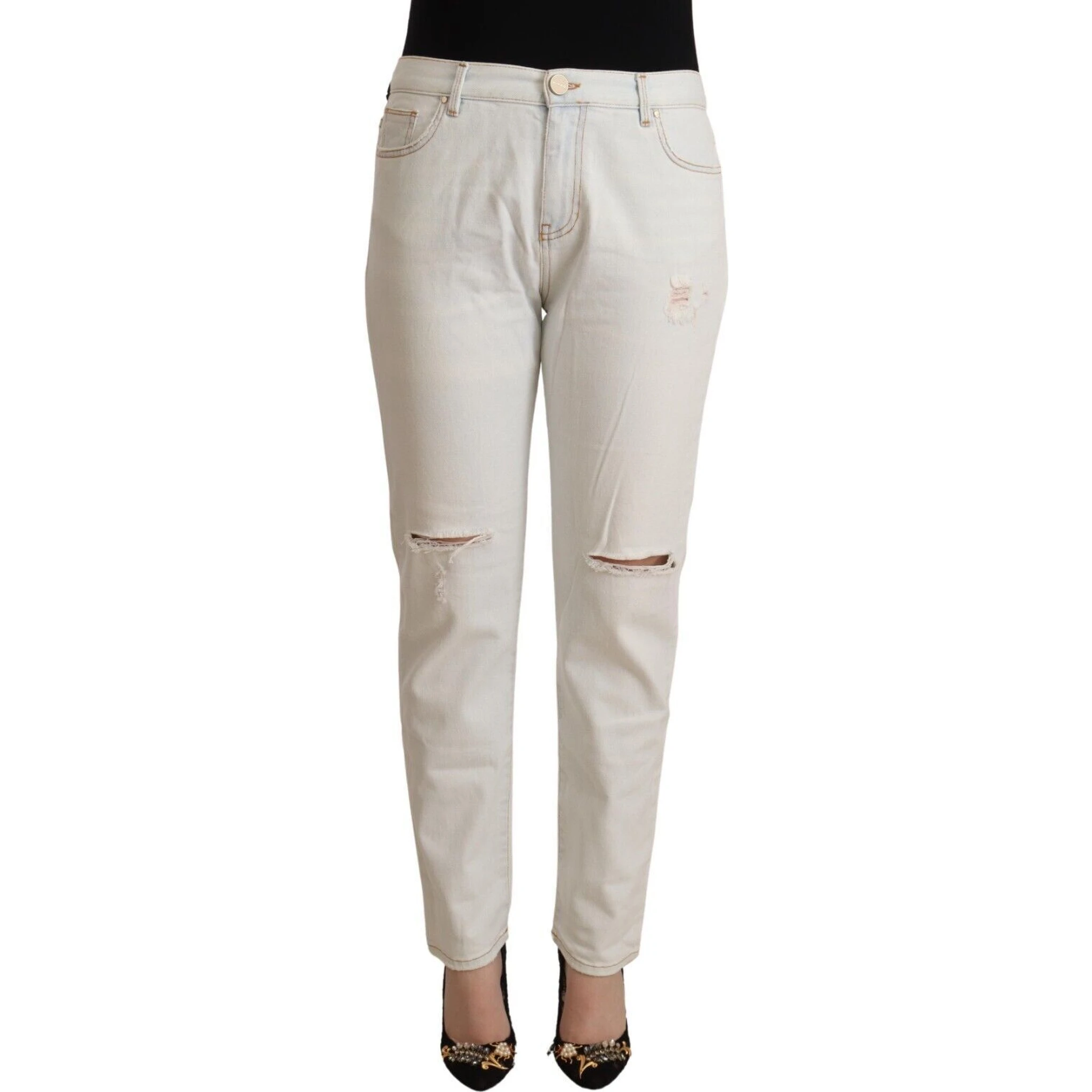 White Cotton Distressed Mid Waist Skinny Denim Jeans