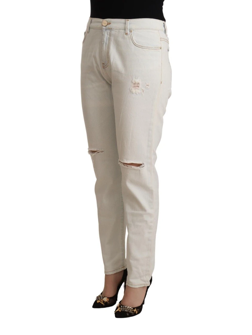 White Cotton Distressed Mid Waist Skinny Denim Jeans