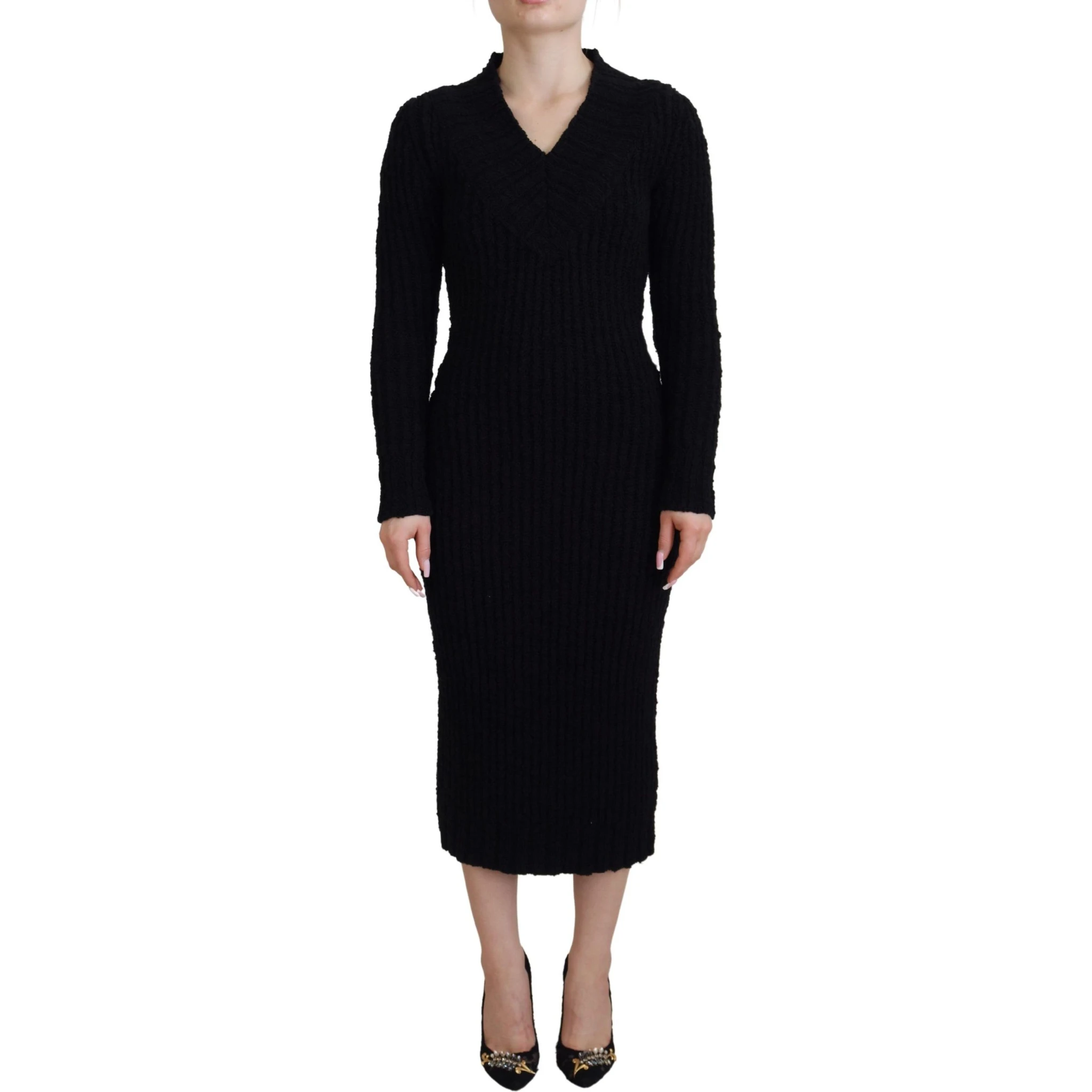 Black Wool Knitted Sheath Sweater Dress