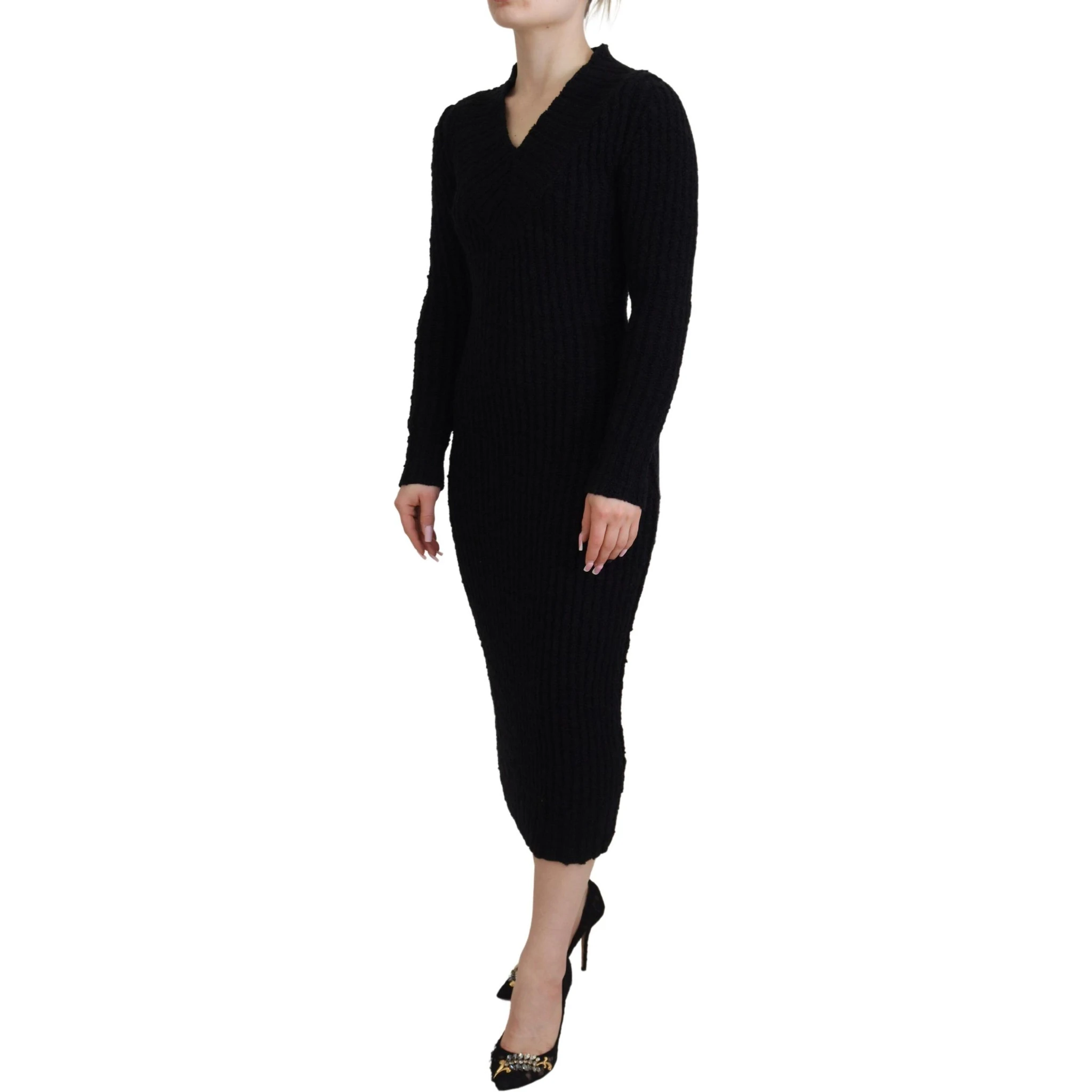 Black Wool Knitted Sheath Sweater Dress
