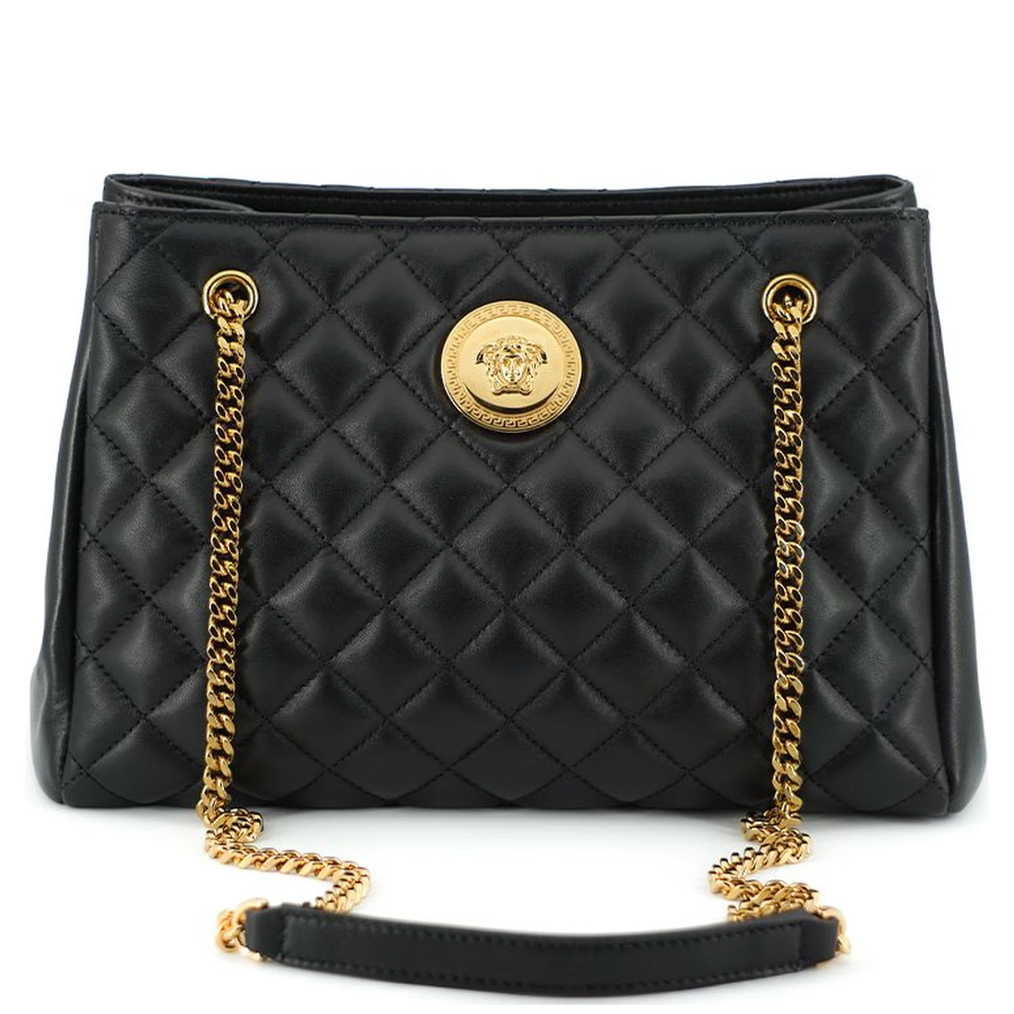 Black Quilted Nappa Leather Medusa Tote Handbag