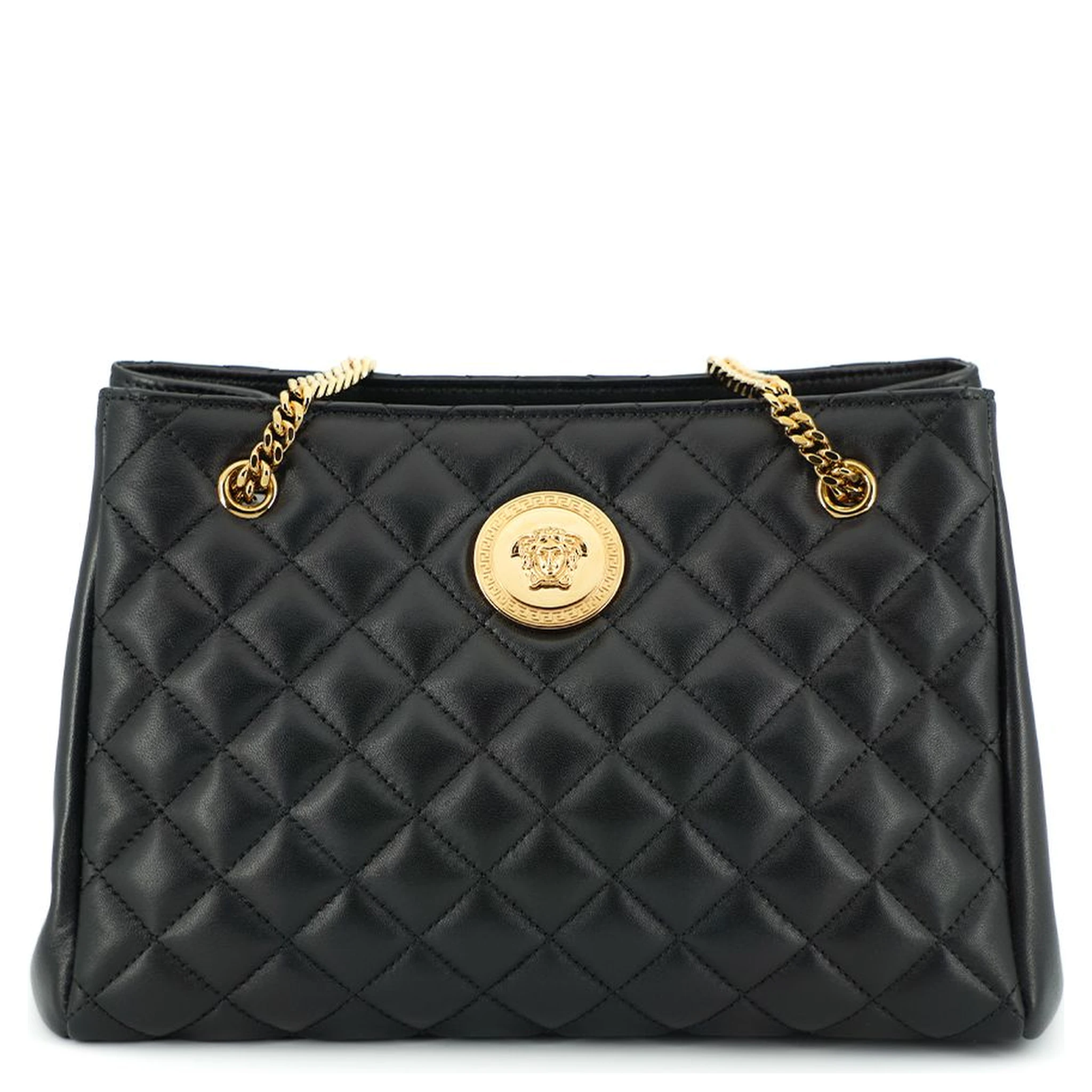 Black Quilted Nappa Leather Medusa Tote Handbag