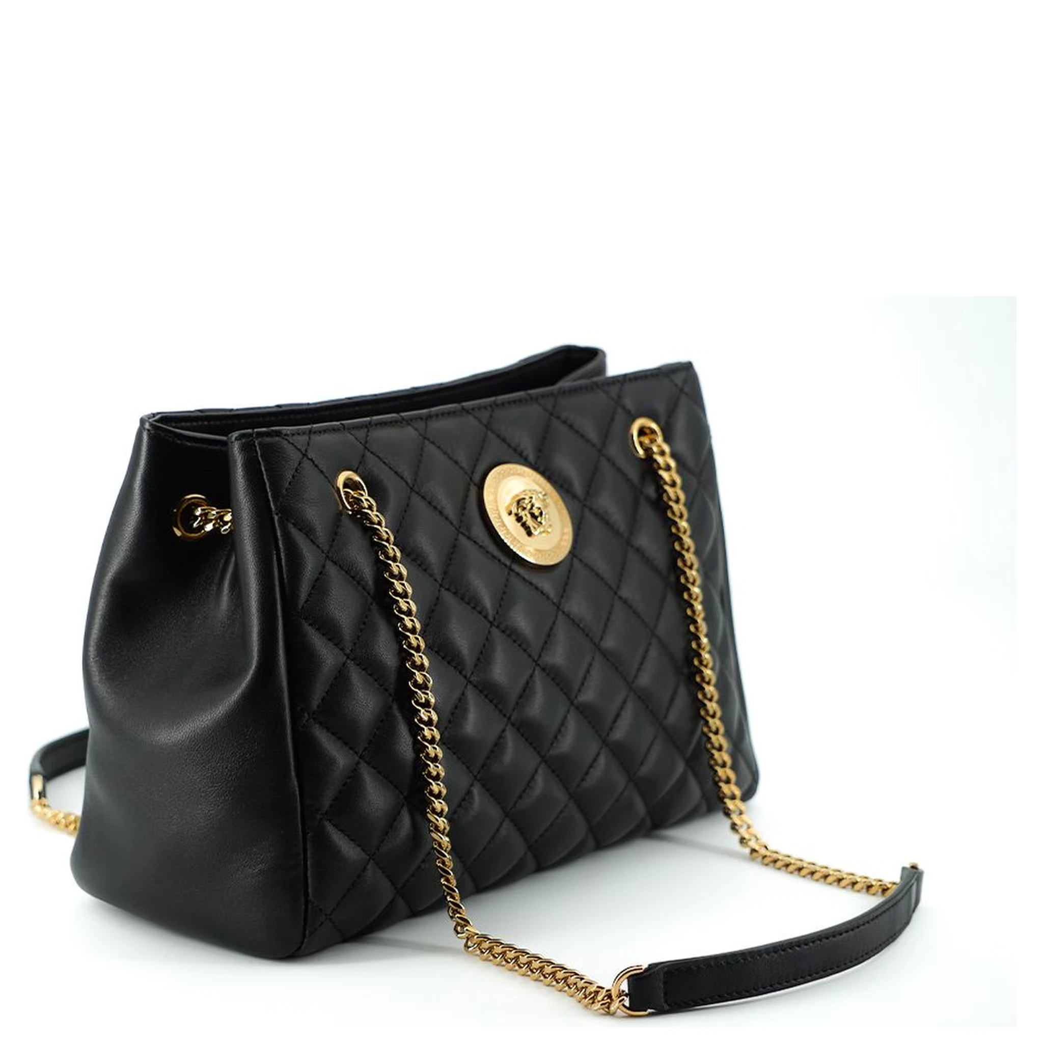 Black Quilted Nappa Leather Medusa Tote Handbag