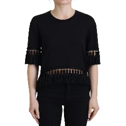 Black T-shirt Blouse Tassle Cotton Blouse