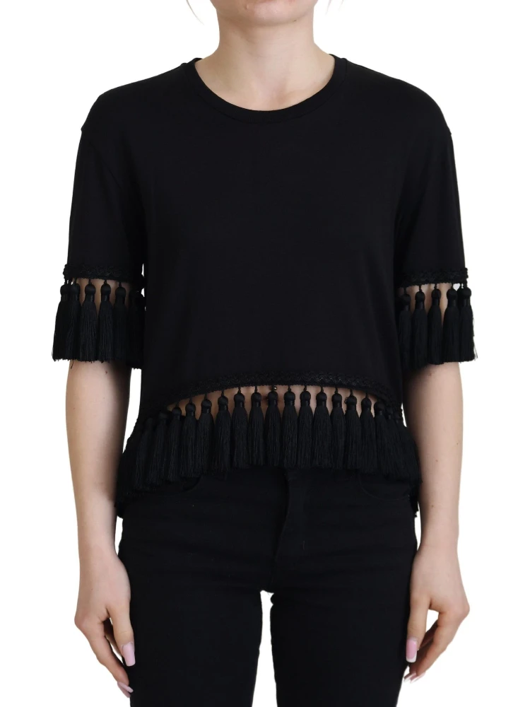 Black T-shirt Blouse Tassle Cotton Blouse