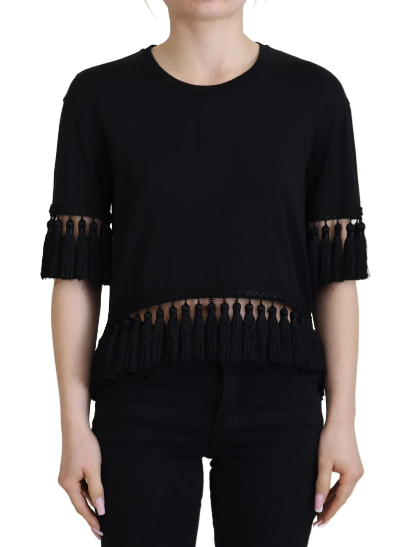 Black T-shirt Blouse Tassle Cotton Blouse