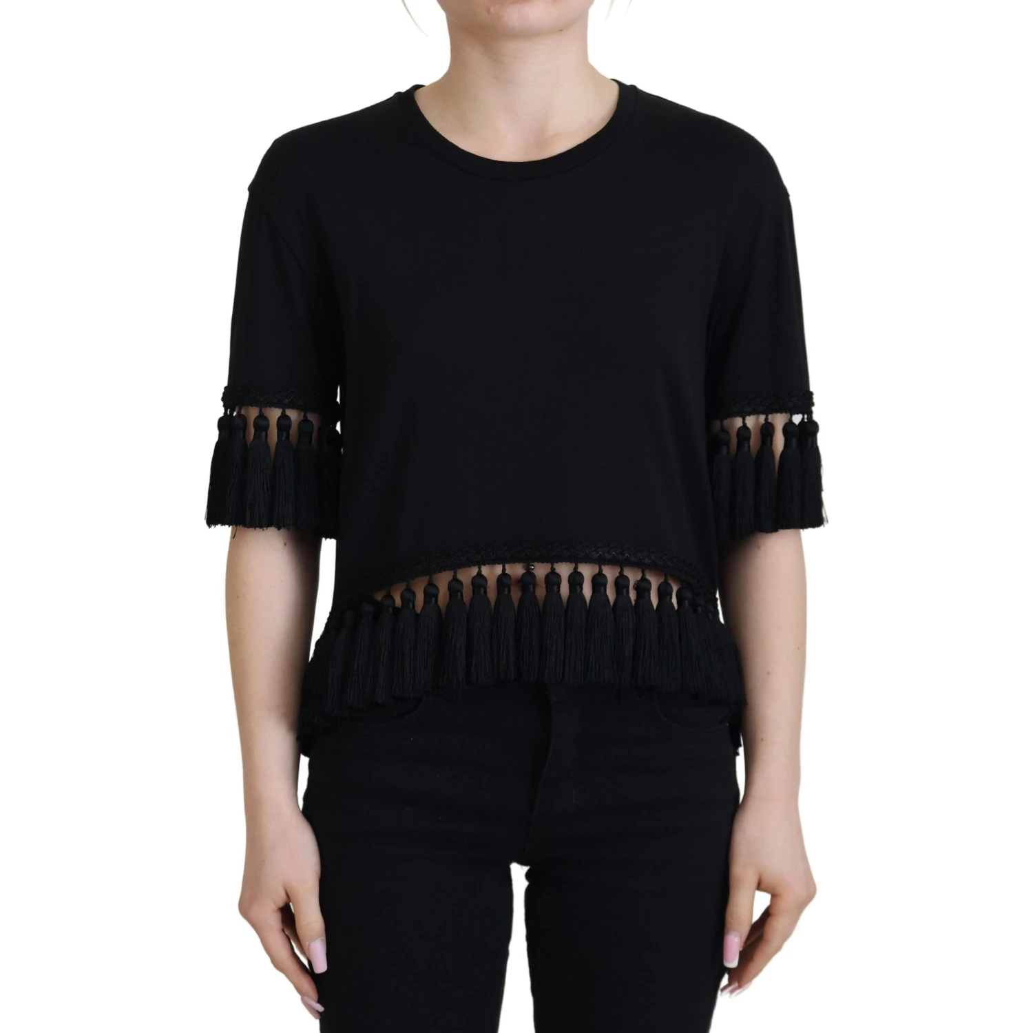 Black T-shirt Blouse Tassle Cotton Blouse