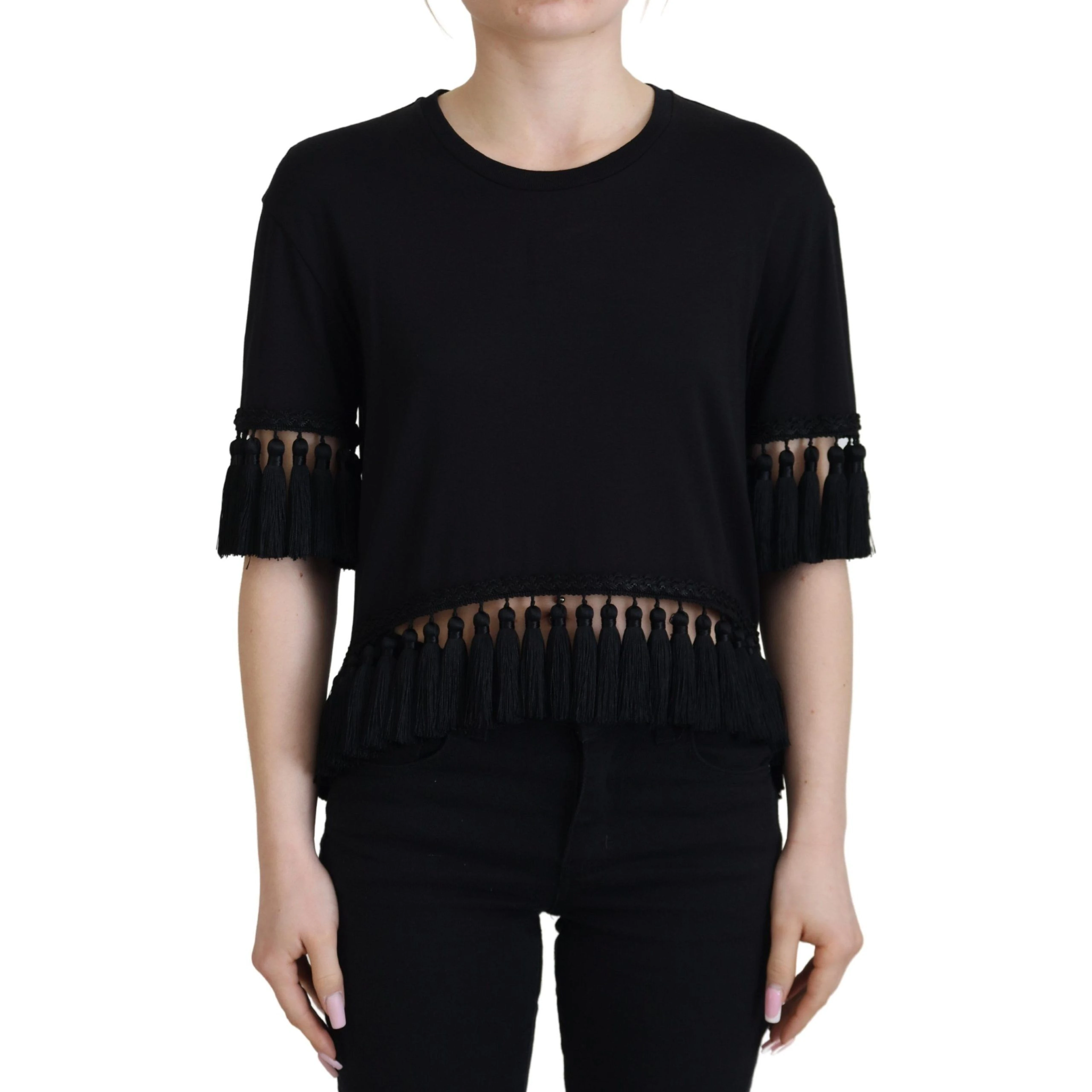 Black T-shirt Blouse Tassle Cotton Blouse