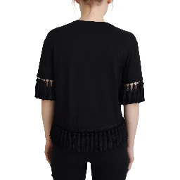 Black T-shirt Blouse Tassle Cotton Blouse