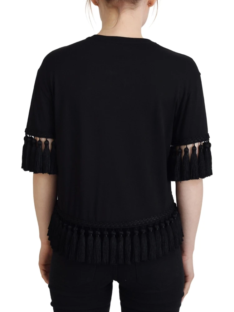 Black T-shirt Blouse Tassle Cotton Blouse alternative