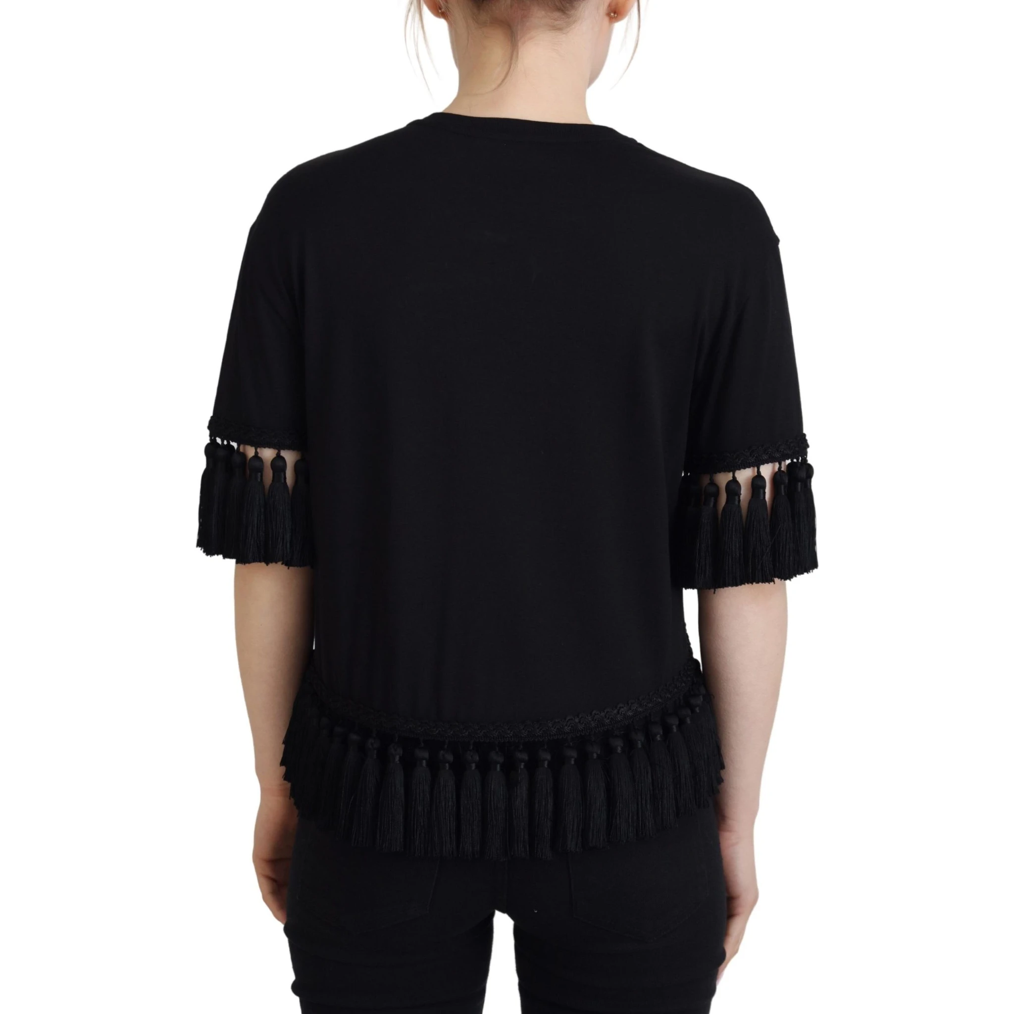 Black T-shirt Blouse Tassle Cotton Blouse