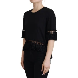 Black T-shirt Blouse Tassle Cotton Blouse