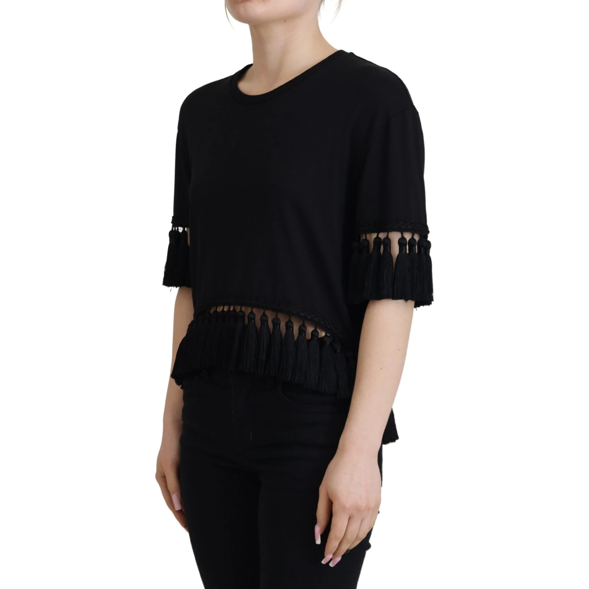 Black T-shirt Blouse Tassle Cotton Blouse