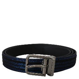 Blue Jacquard Stripe Silver Buckle Belt