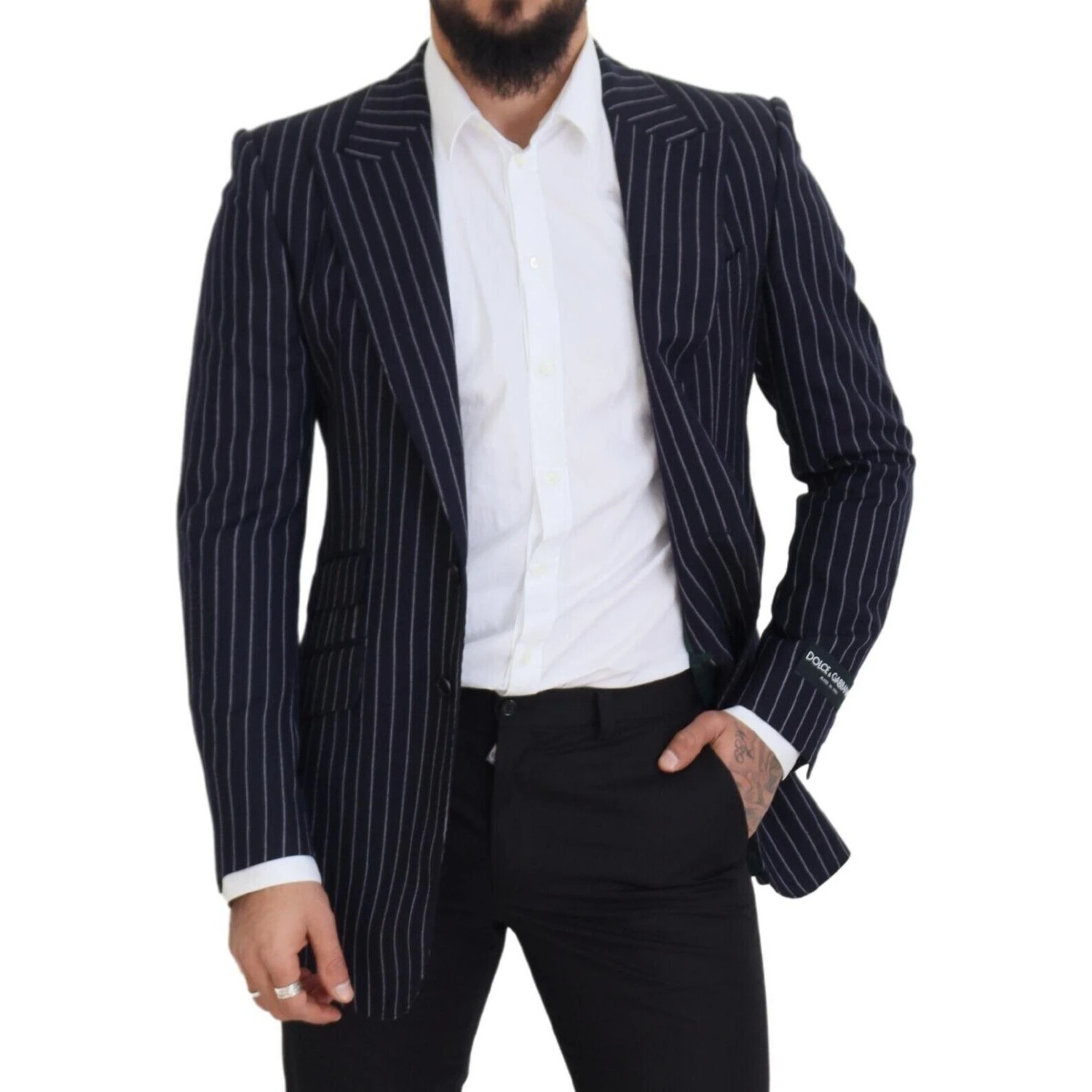 Dark Blue Stripe Wool Single Breasted Blazer