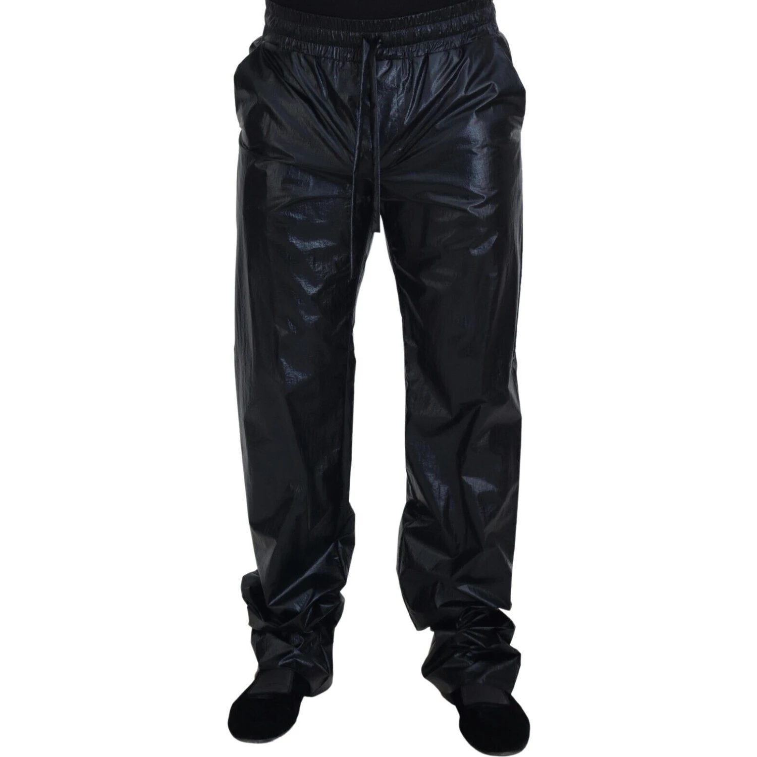Black Shining Drawstring Trouser Nylon Pants