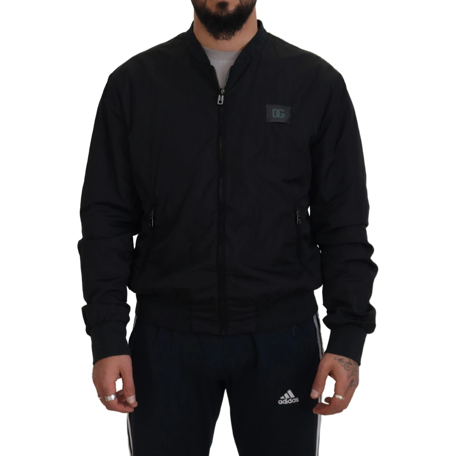 Black Nylon Logo Bomber Zipper Jacket