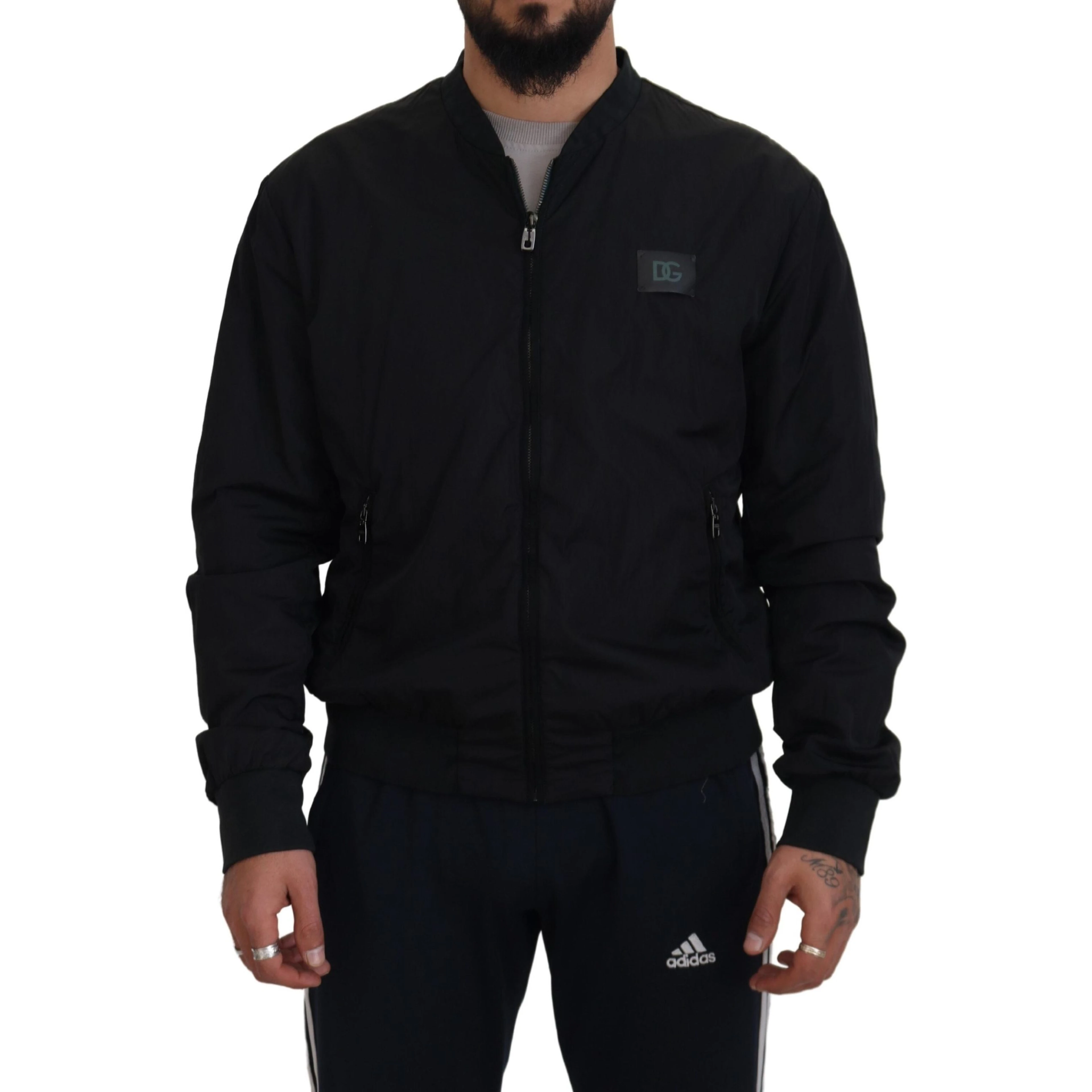 Black Nylon Logo Bomber Zipper Jacket