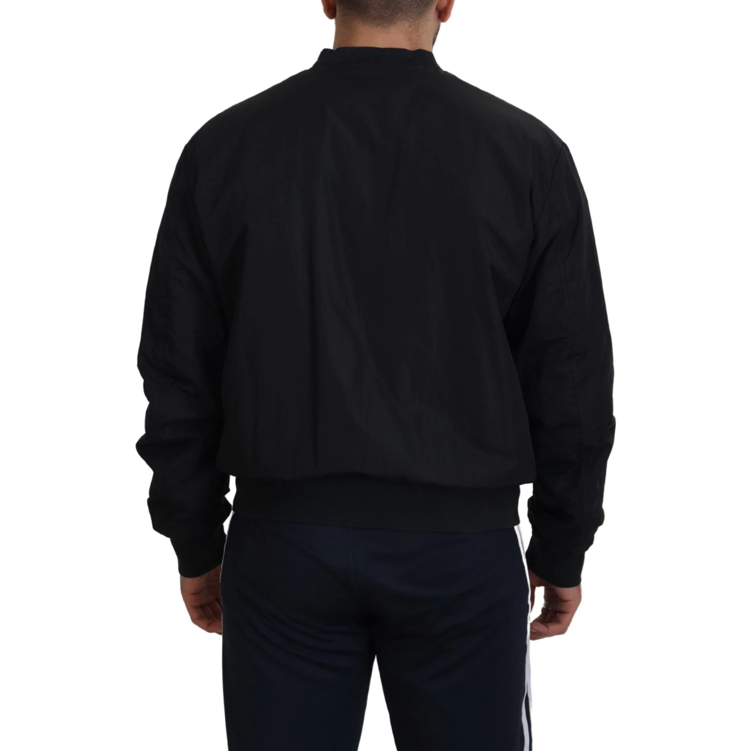 Black Nylon Logo Bomber Zipper Jacket