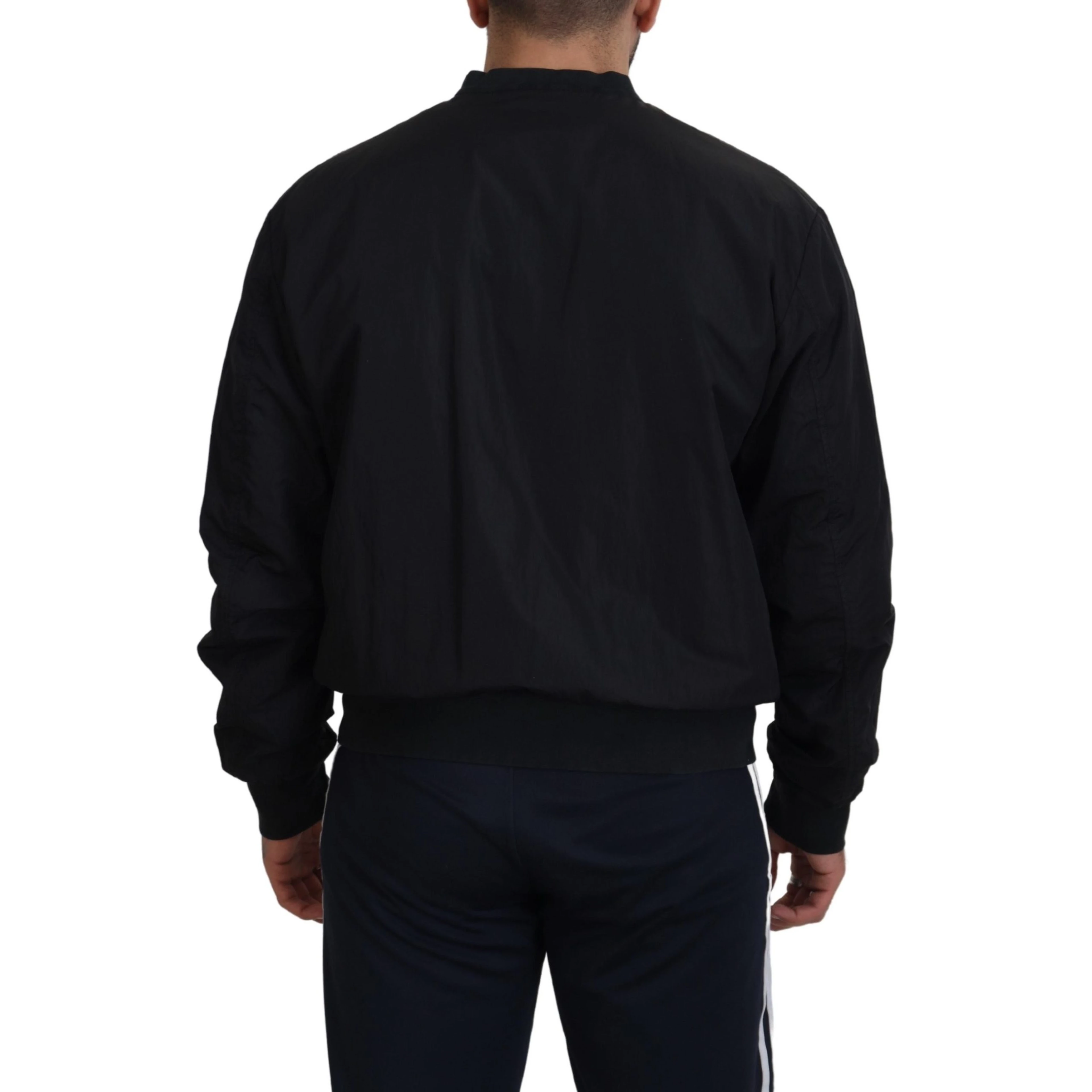Black Nylon Logo Bomber Zipper Jacket