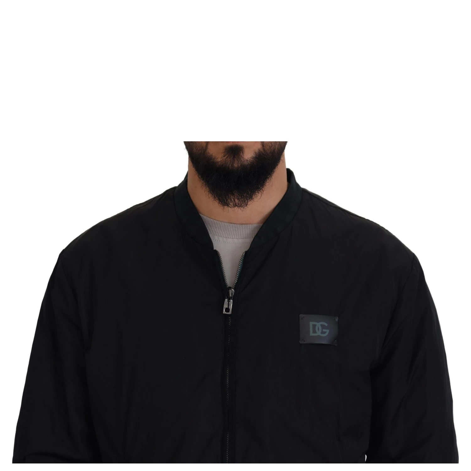 Black Nylon Logo Bomber Zipper Jacket